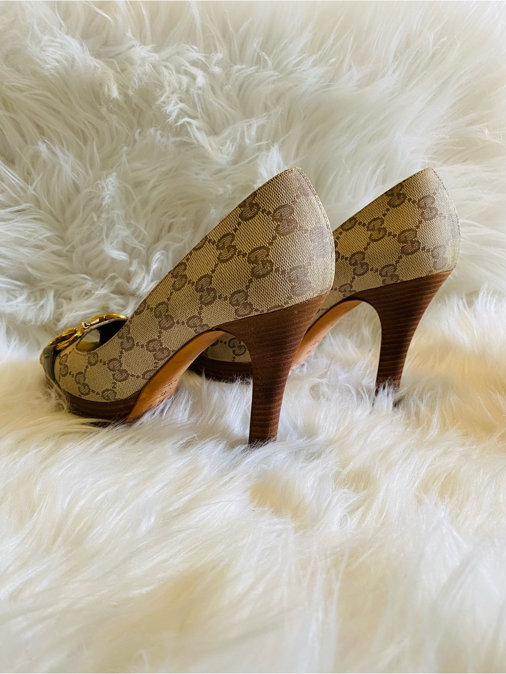 🛍️Gucci Authentic Horsebit Canvas Peep-Toe Pumps & All Original Packaging - Picture 6 of 17